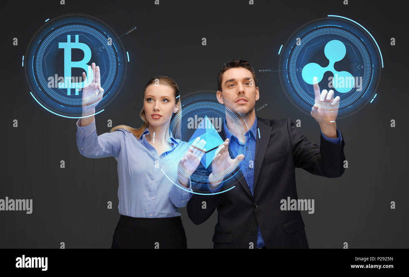 business team with cryptocurrency holograms Stock Photo