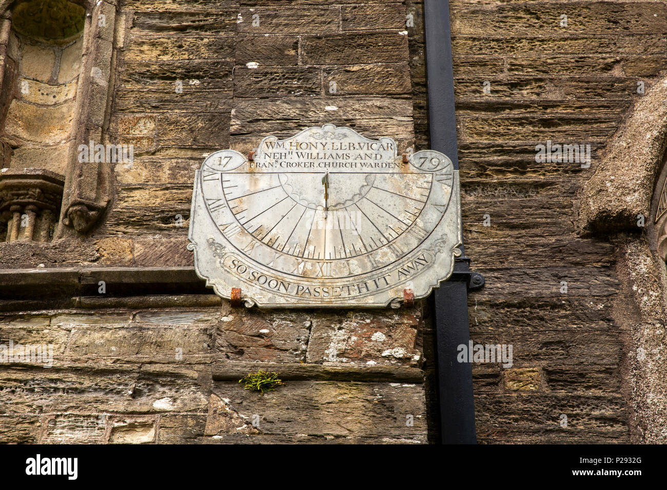 UK, Cornwall, Liskeard, St Martin’s parish church, 1779 slate sundial on church wall Stock Photo