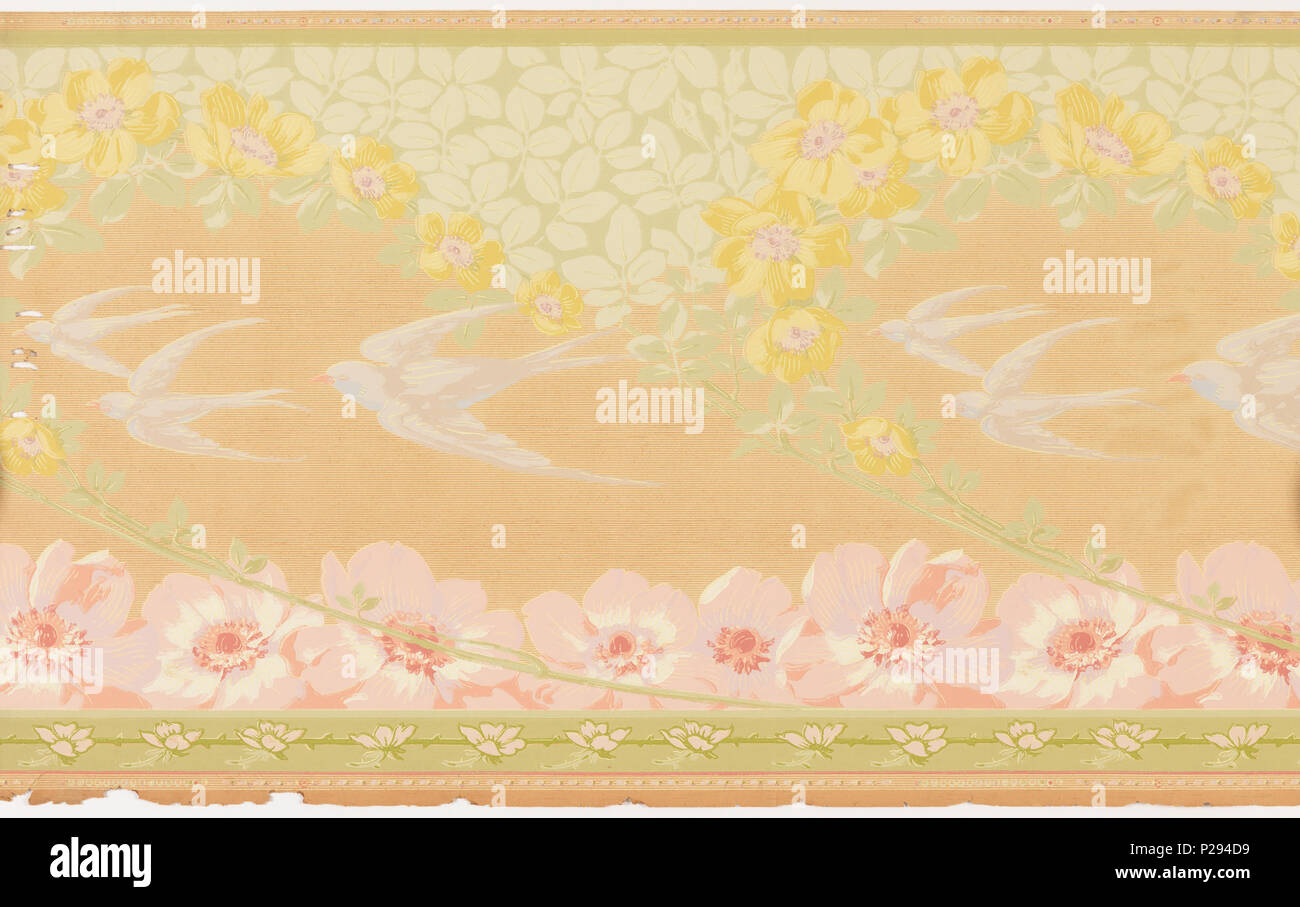 .  English: Frieze, ca. 1900 .  English: Art nouveau style, white birds, possibly swallows, in flight with vertical garlands of flowers on beige striated background. . circa 1900 129 Frieze, ca. 1900 (CH 18670843) Stock Photo