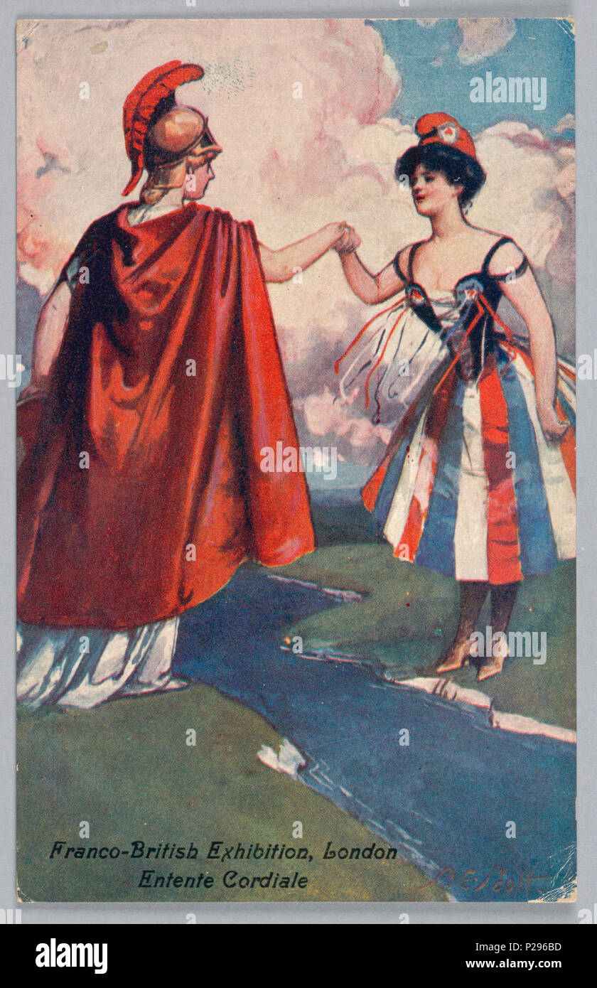 .  English: Greeting Card, Franco-British Exhibition, London, 1908 .  English: Horizontal rectangle. Valentine's series, official postcards of the Franco-British Exhibition depicting unity between the two nations. . 1908 142 Greeting Card, Franco-British Exhibition, London, 1908 (CH 18385141) Stock Photo