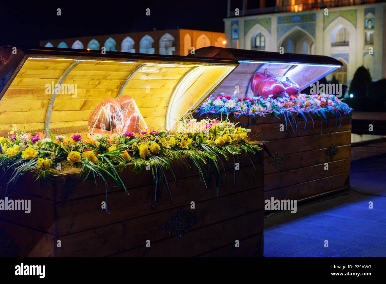 Isfahan, Iran - March 20, 2018: Nowruz decorations traditional Haft-seen on Naghsh-e Jahan Square at night Stock Photo