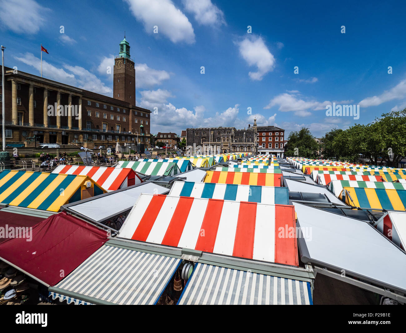 Norwich Market Square, Norwich City Centre. Founded in the late 11th Century with around 200 stalls. voted the best large outdoor market in Britain Stock Photo