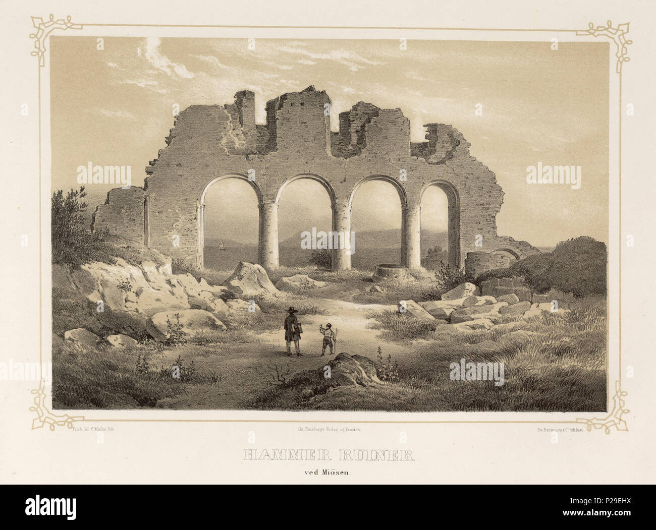 Norsk bokmål: Illustrasjon hentet fra boken 'Norge fremstillet i Tegninger'  av Asbjørnsen, P.Chr. og utgitt av Chr. Tønsberg (no, 1848). Hammer ruiner  ved Miösen, Frich del. C. Müller lith. Em. Bærentzen
