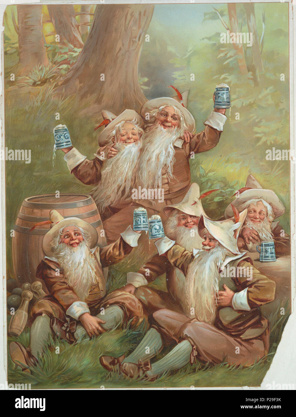 .  English: Print, Advertisement for Beer, ca. 1898 .  English: Vertical rectangle. Six smiling bearded gnomes in the grassy woods, holding steins of beer, many raising their steins in the air. Each wears a brown hat with a red feather, brown shirt, pants, shoes, and green stockings. Gnome at left leans against a large wooden barrel. To his left are bowling pins and balls. . circa 1898 267 Print, Advertisement for Beer, ca. 1898 (CH 18458565-2) Stock Photo
