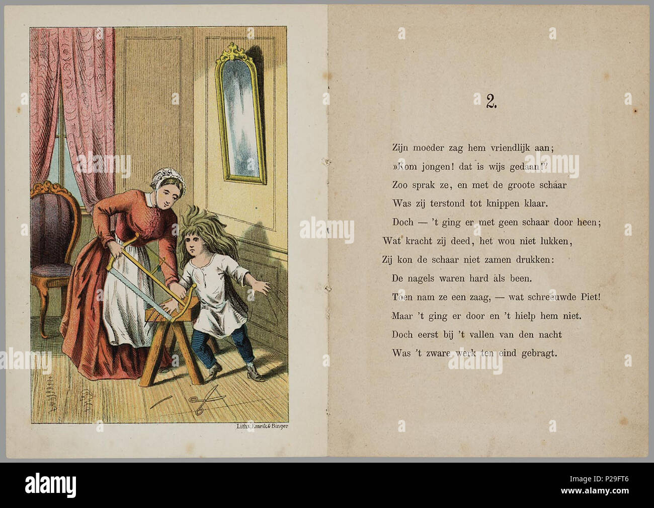 . Piet de Smeerpoets : zijn berouw en bekeering, voor kinderen tot vermaak en leering, in prent en op rijm gebragt / naar Carl Ludwig Thienemann.  Het boek opent met het gedicht 'Het kind en het prentenboek' waarin verschillende figuren uit Hoffmann's Struwwelpeter genoemd worden. In deze navolging heeft vuile smeerpoets Piet berouw en vraagt zijn moeder zijn haar en nagels te knippen. Ze heeft een zaag nodig voor zijn nagels en stro en zand om zijn vel te schuren. En dan is hij een modeljongen geworden en gaat naar school. Prentenboek met 8 gekleurde litho's, rijmende tekst en een moraal aan  Stock Photo