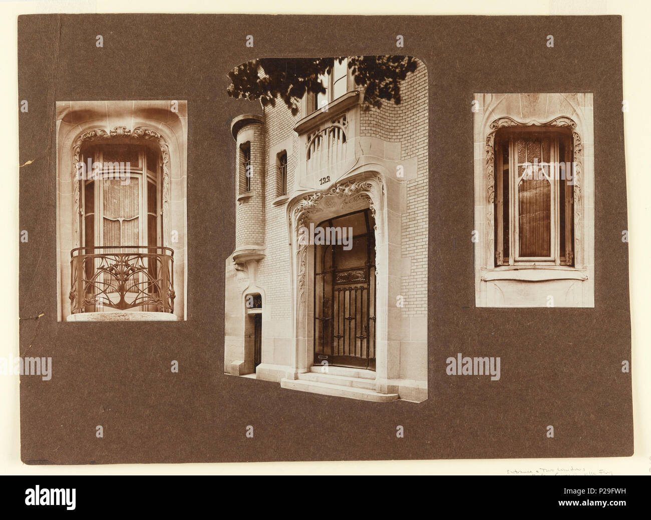 .  English: Photograph, Detail of Windows and Door of House of Hector Guuimard, 22 Rue Mozart, ca. 1910 .  English: Photographs depicting windows and doors on Hector Guimard's house. At left, a large window with cast bronze balustrade. At center, seen from the right, the front entrance to the house with grillework. Pictured right, another window without grillework. . circa 1910 222 Photograph, Detail of Windows and Door of House of Hector Guuimard, 22 Rue Mozart, ca. 1910 (CH 18411105-2) Stock Photo