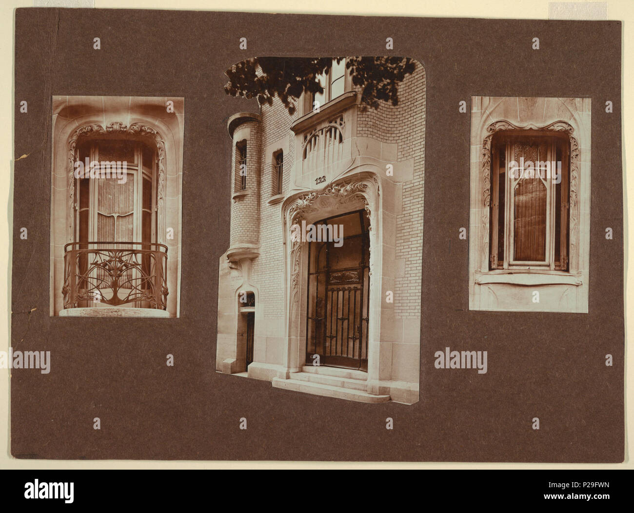 .  English: Photograph, Detail of Windows and Door of House of Hector Guuimard, 22 Rue Mozart, ca. 1910 .  English: Photographs depicting windows and doors on Hector Guimard's house. At left, a large window with cast bronze balustrade. At center, seen from the right, the front entrance to the house with grillework. Pictured right, another window without grillework. . circa 1910 222 Photograph, Detail of Windows and Door of House of Hector Guuimard, 22 Rue Mozart, ca. 1910 (CH 18411105) Stock Photo