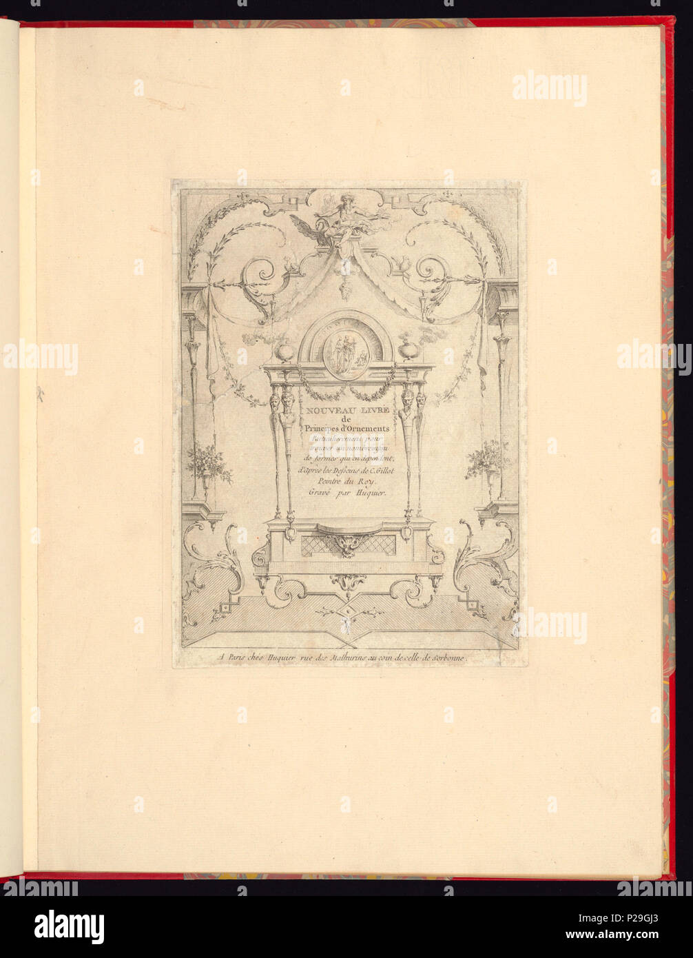268 Print, Nouveau livre de principes d'ornements particulièrement pour trouver un nombre infini de formes qui dependent, d'après les dessins de Gillot. Peintre du Roy, gravé par Huquier; title page (CH 18272705) Stock Photo