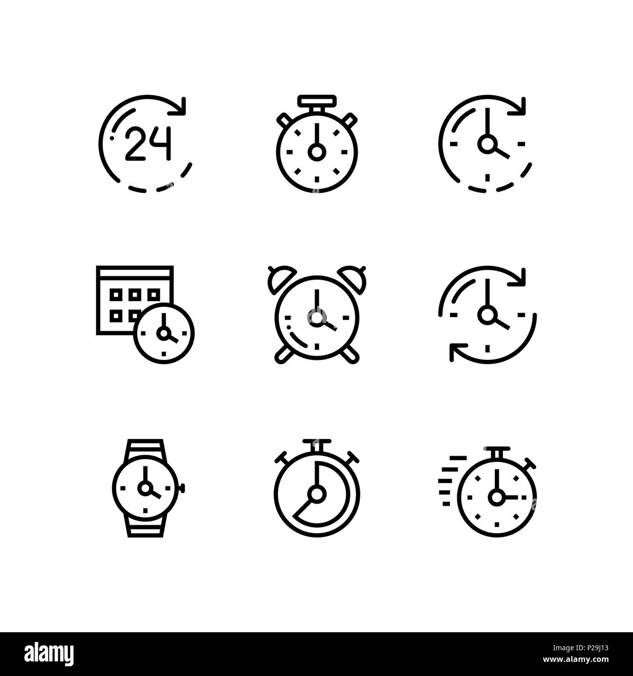 Set of time, clock, watch, timer vector simple outline icons for web and mobile design pack 1 Stock Vector