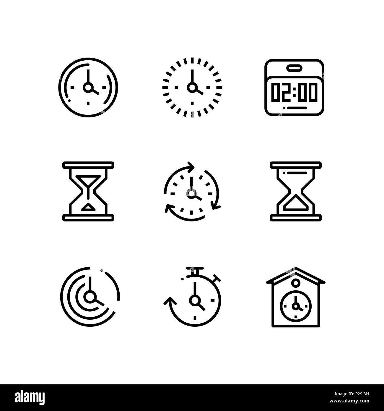 Set of time, clock, watch, timer vector simple outline icons for web and mobile design pack 2 Stock Vector