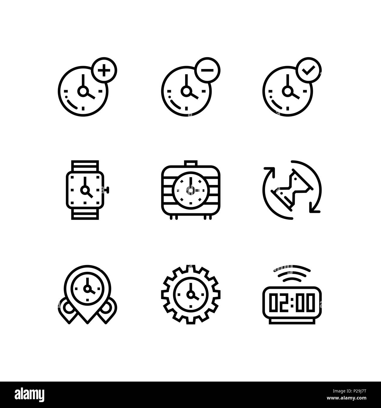 Set of time, clock, watch, timer vector simple outline icons for web and mobile design pack 3 Stock Vector