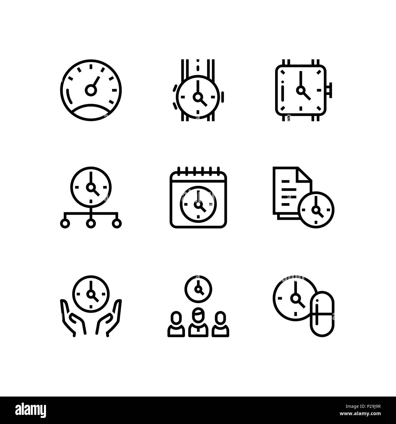 Set of time, clock, watch, timer vector simple outline icons for web and mobile design pack 4 Stock Vector