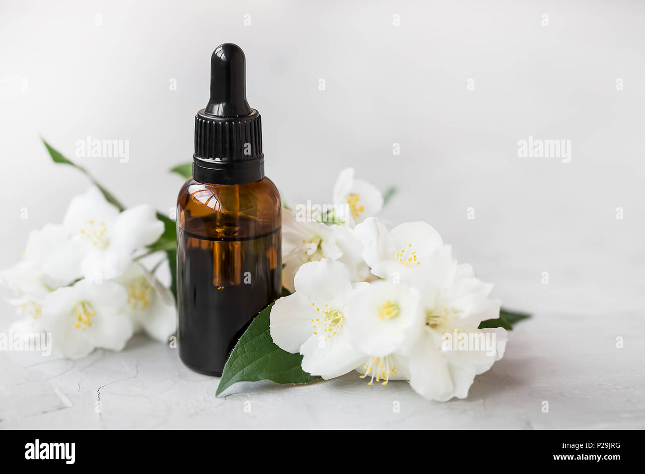 Jasmine essential oil bottle. Aromatherapy floral oil with jasmine