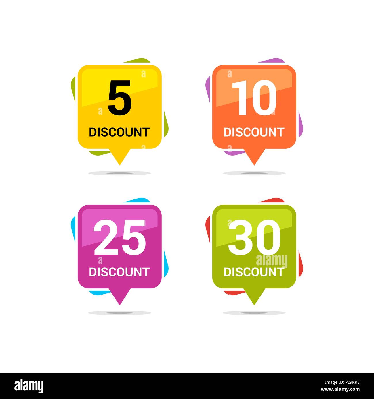 Sale discount square icons. Special offer price signs. 5, 10, 25 and 30 percent off reduction symbols. Colored vector flat elements badges Stock Vector