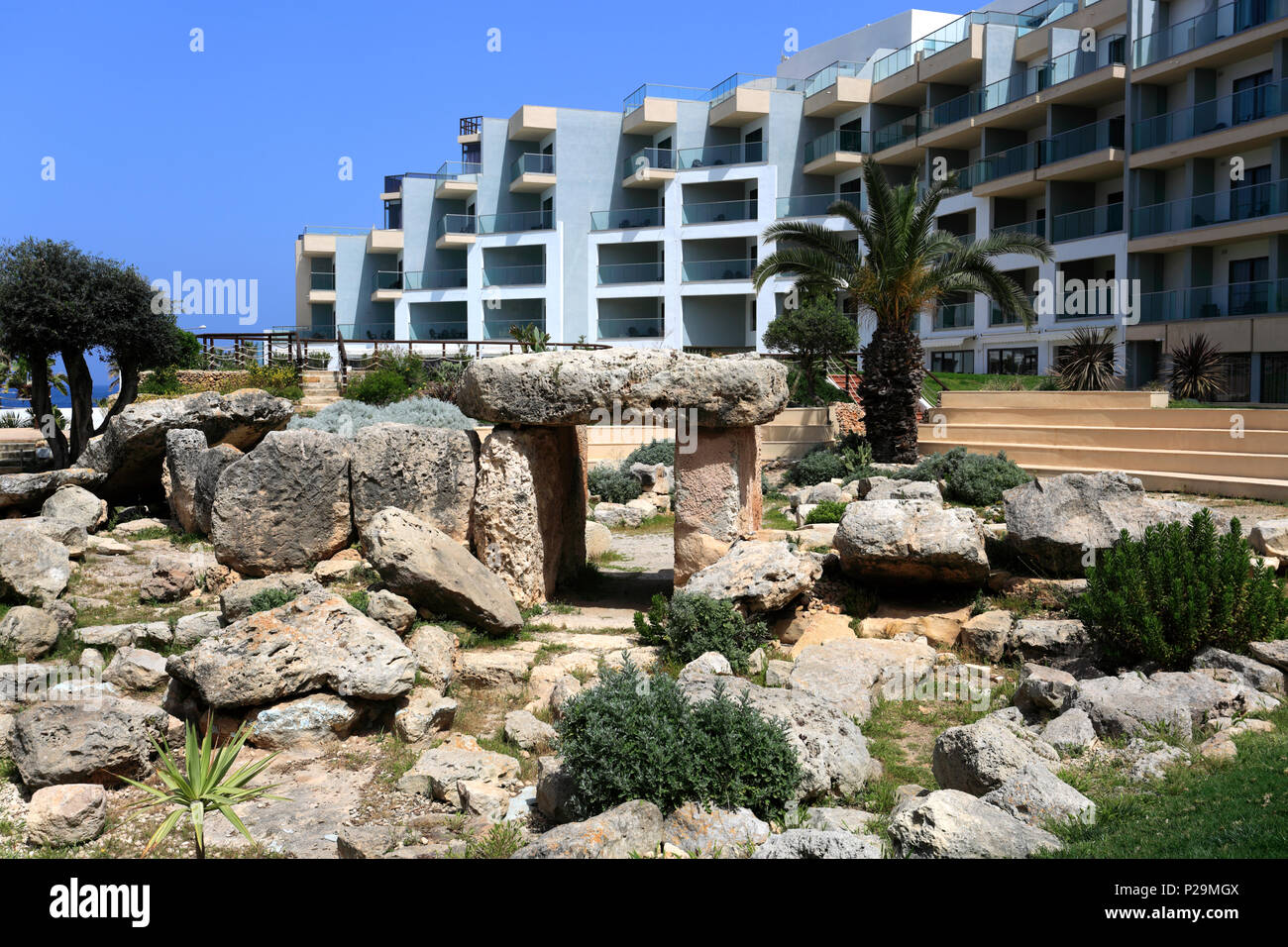 The Bugibba Temple, a megalithic temple in the grounds of the Dolman Hotel, Qawra town, Malta Stock Photo