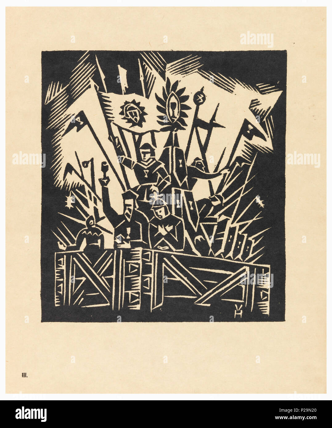 .  English: Print, Husite, Plate III, 'Sest Dob Nashi Historie' Portfolio, 1921 .  English: Vertical rectangle. Several figures with weapons and banners on a platform. Two figures standing at the front; on left one man with arm raised, on right, another man with arms crossed over chest. . 1921 268 Print, Husite, Plate III, &quot;Sest Dob Nashi Historie&quot; Portfolio, 1921 (CH 18684939) Stock Photo