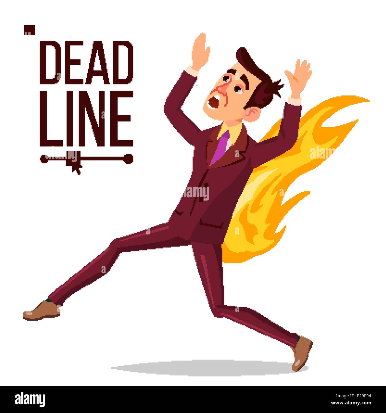 Deadline Concept Vector. Sad Running Businessman On Fire. Workload Deadline Disasters. Paperwork Target Dates Deadlines. Isolated Cartoon Illustration Stock Vector