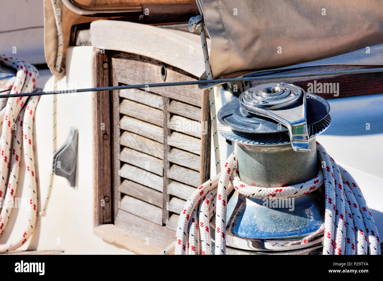 Winch  detail on sail boat Stock Photo