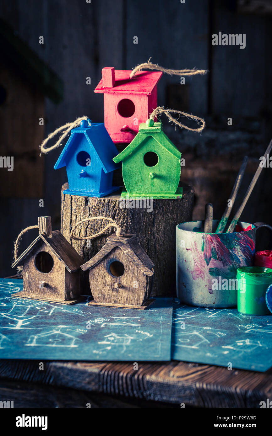 Small And Cute Bird Feeder And Blue Construction Plan Stock Photo