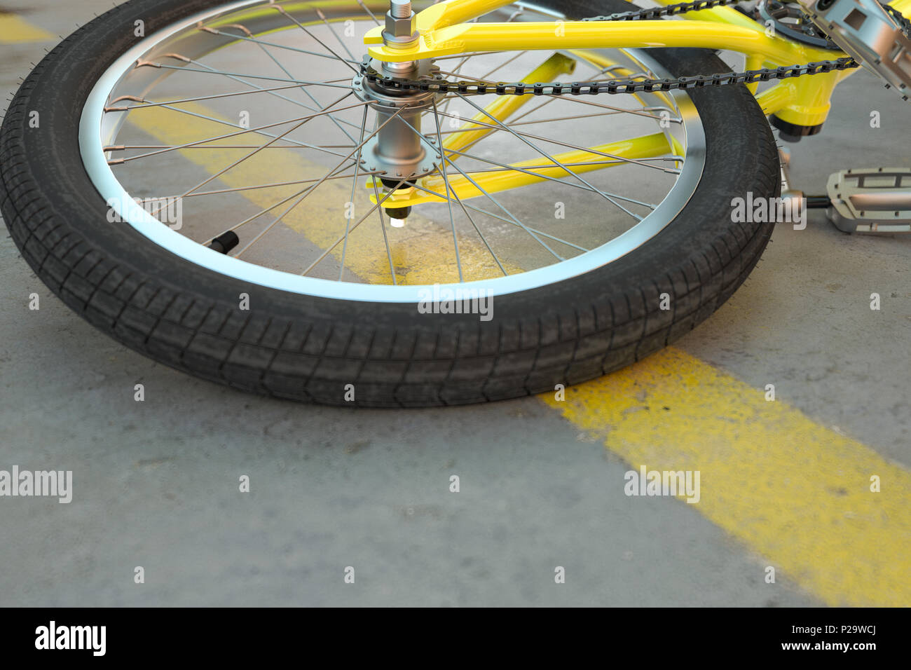 Bicycle accident without blood on the street -- 3D Rendering Stock Photo