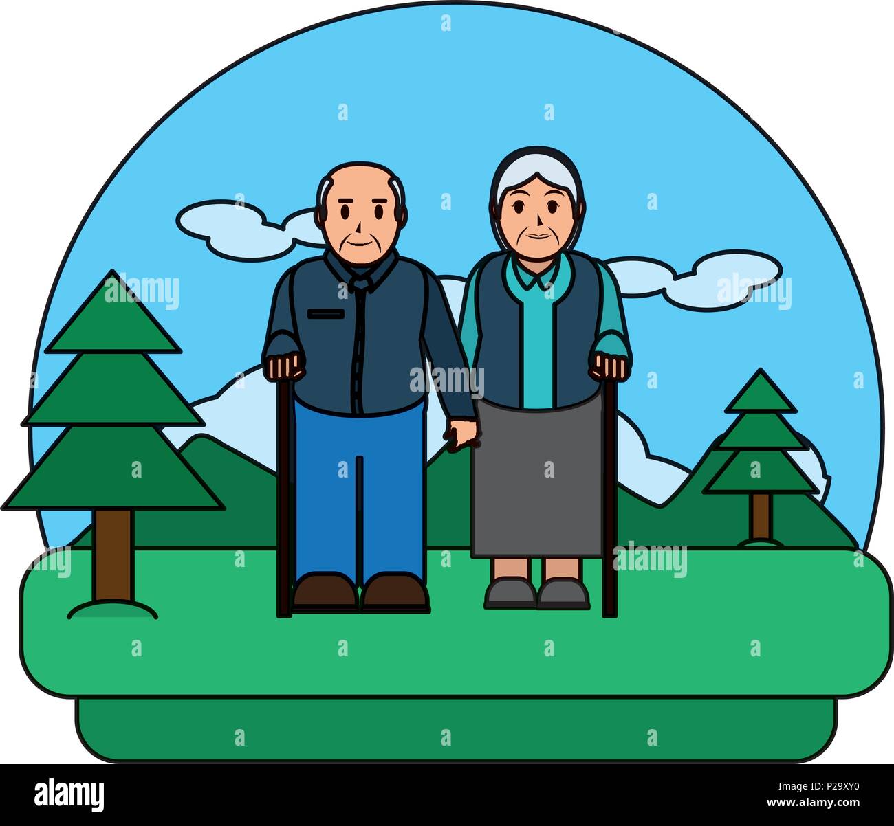 color old couple with walking stick in the landscape Stock Vector