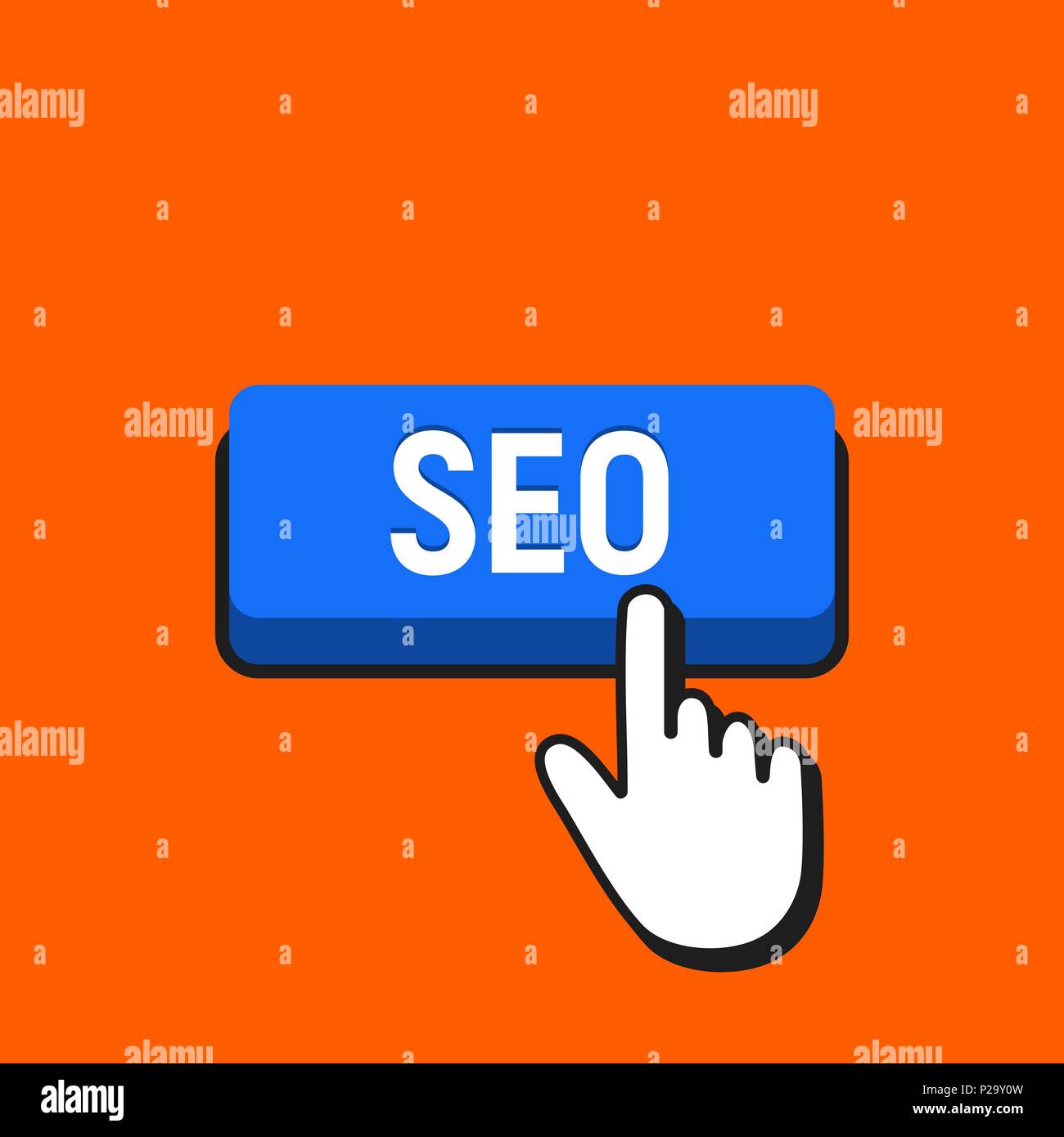 Hand Mouse Cursor Clicks the SEO Button. Pointer Push Press Button Concept. Stock Vector