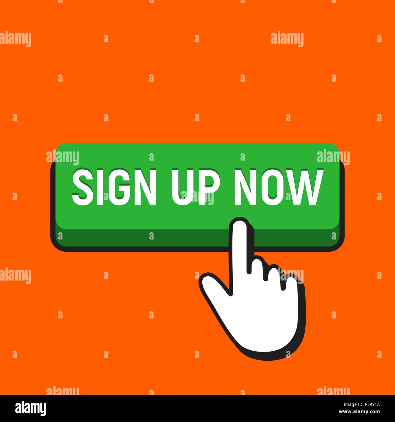 Hand Mouse Cursor Clicks the Sign Up Now Button. Pointer Push Press Button Concept. Stock Vector