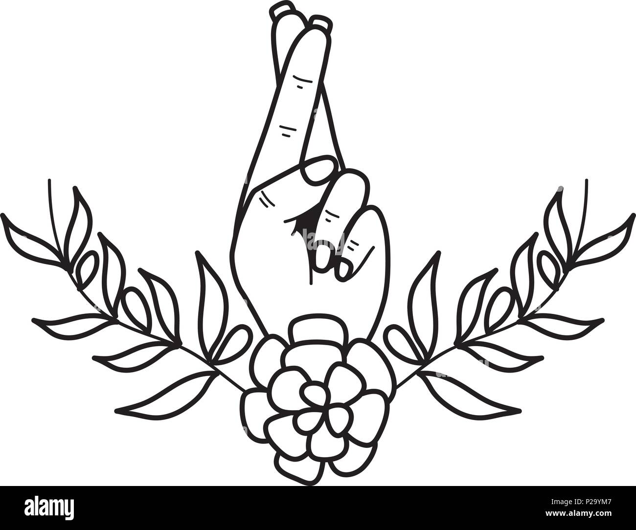 line good luck hand gesture with flower and leaves Stock Vector