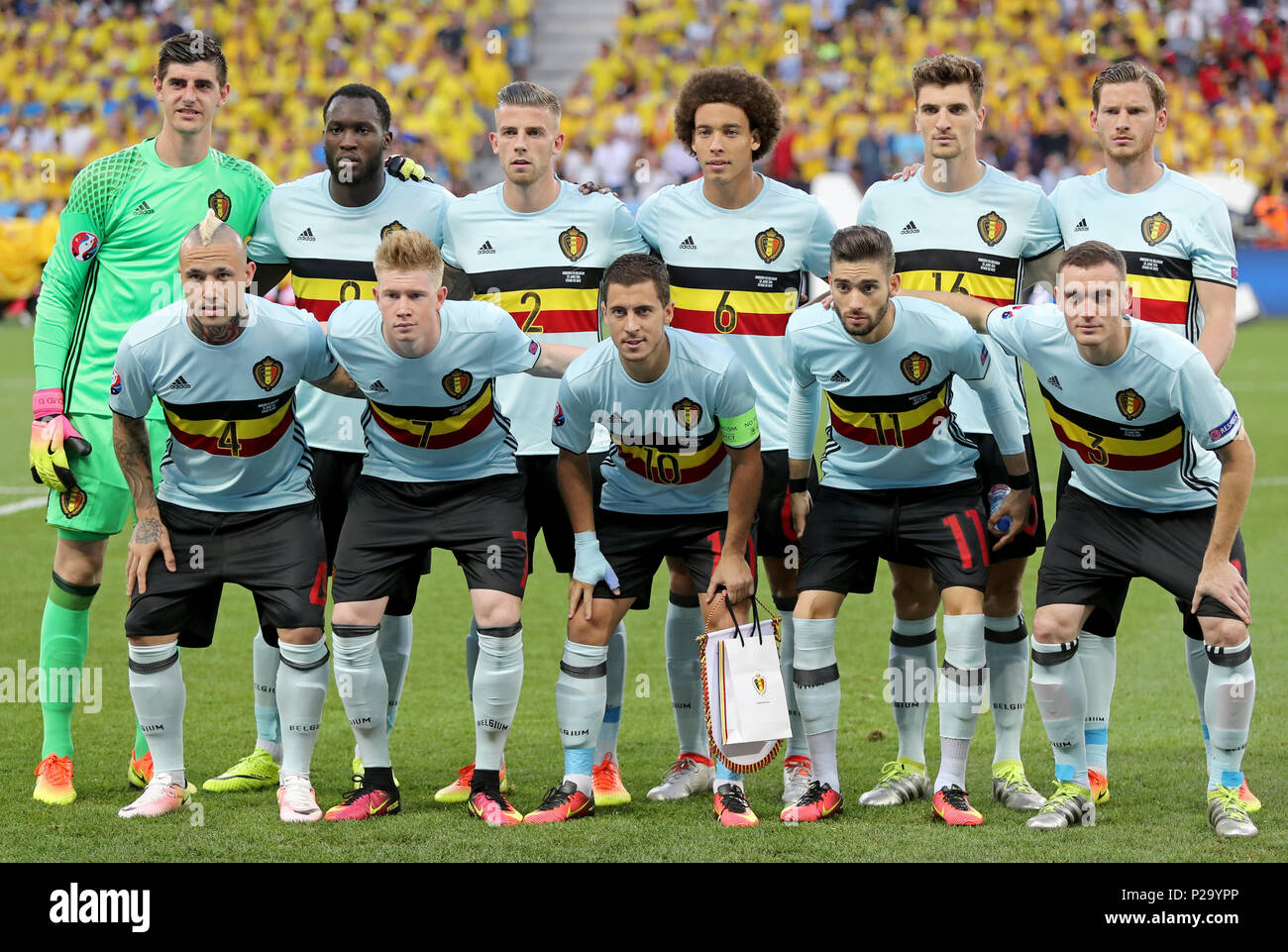 NICE, FRANCE - JUNE 22, 2016: Players of Belgium national football team pose for a group photo before the UEFA EURO 2016 game against Sweden at Allian Stock Photo