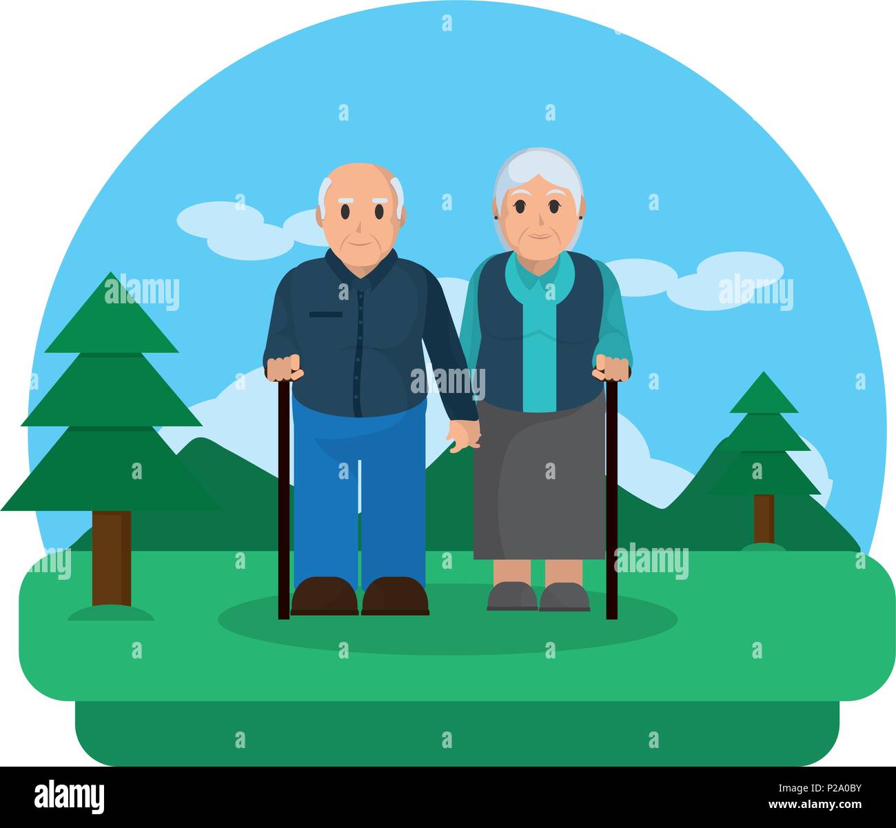 old couple with walking stick in the landscape Stock Vector