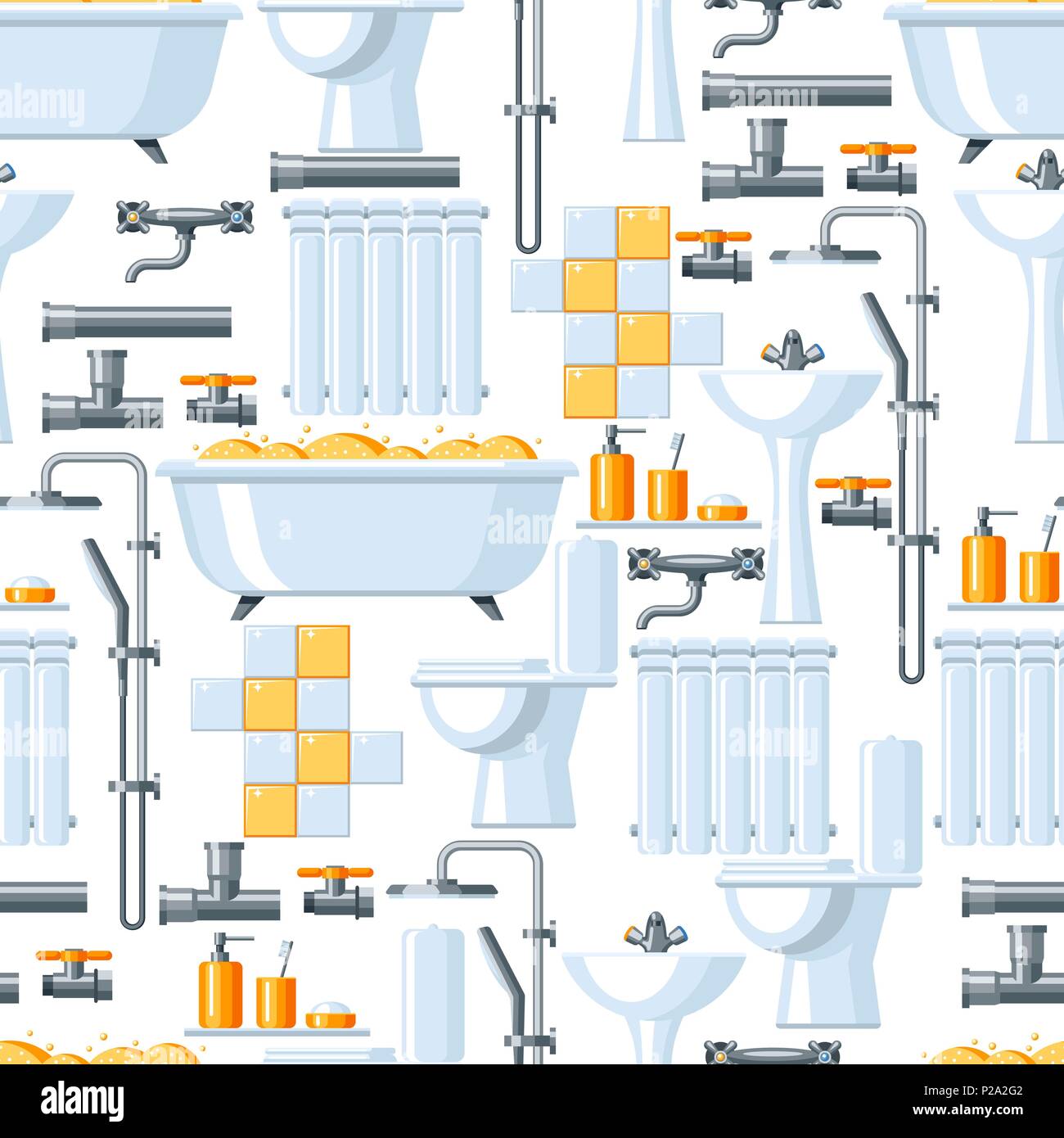 Bathroom interior. Plumbing seamless pattern. Stock Vector