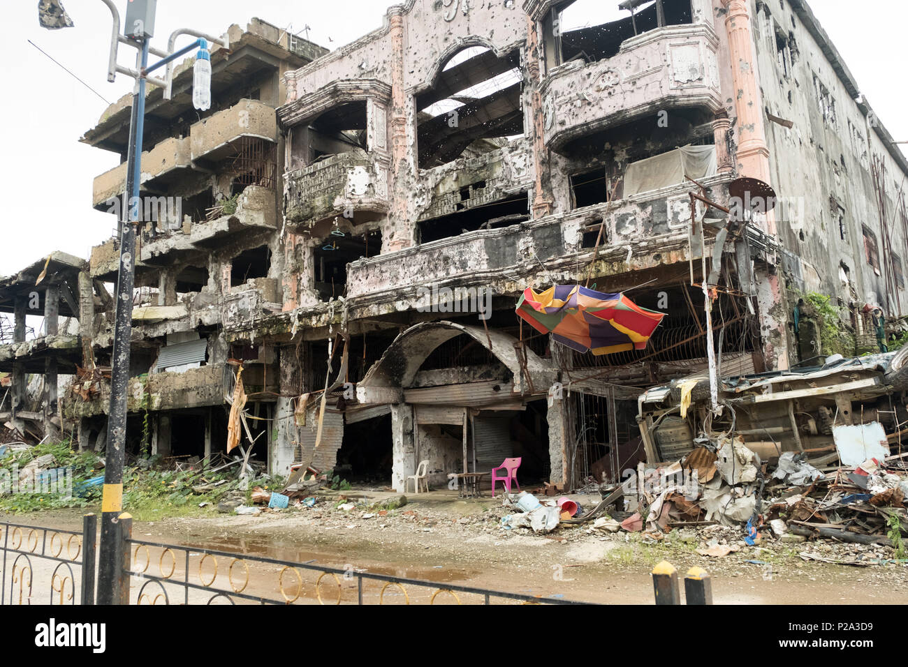 Marawi City, Philippines. 7th Feb. 2018. Damages and devastation in downtown Marawi City (so called 'Ground Zero') after the liberation by the Philippine Armed Forces following the one-year siege by ISIS in 2017 Stock Photo