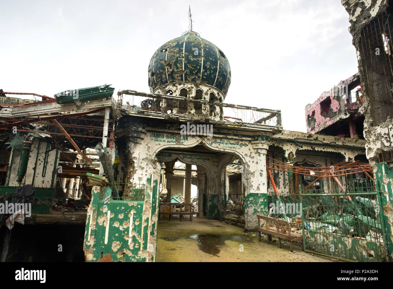 Marawi City, Philippines. 7th Feb. 2018. Damages and devastation in downtown Marawi City (so called "Ground Zero") after the liberation by the Philippine Armed Forces following the one-year siege by ISIS in 2017 Stock Photo