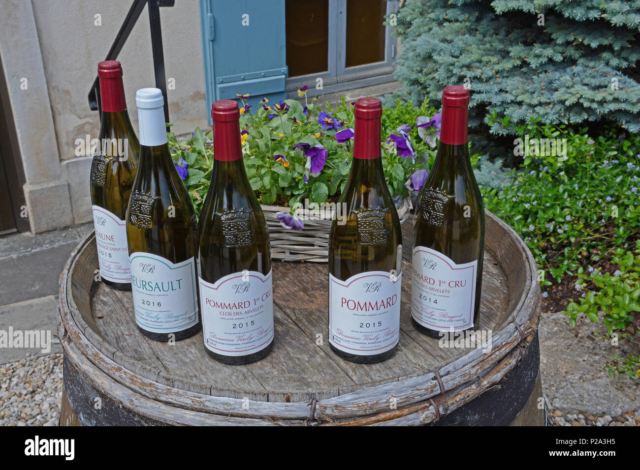 bottles of Burgundy great wines ( Pommard, Beaune, Meursault ) , Pommard, Cote d Or, Burgundy, France Stock Photo