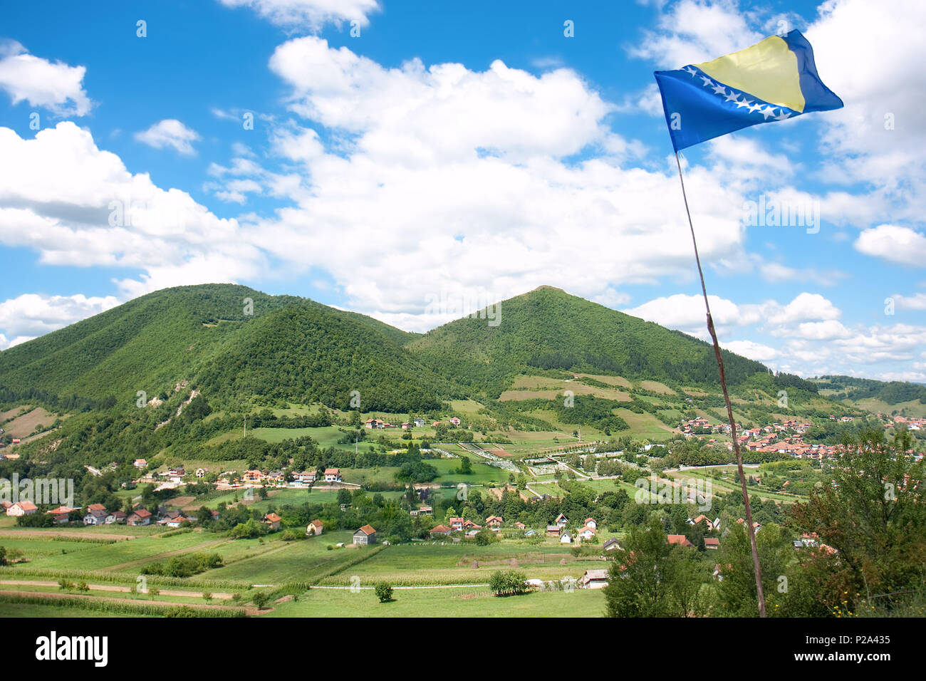 Bosnian Pyramid of the Sun (right) is the highest in the world, 12000 years old and Pyramid of Love (left) , near the Visoko city, Bosnia and Herzegov Stock Photo
