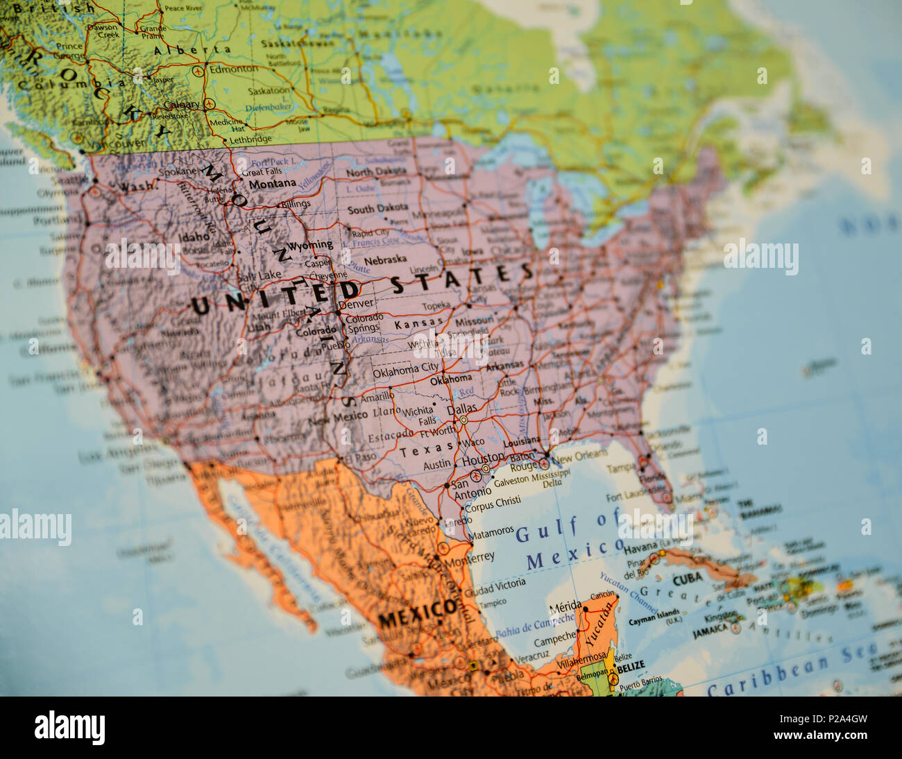 Closeup shot of North America topographic map, centred on the United States. Shallow depth of field. Stock Photo