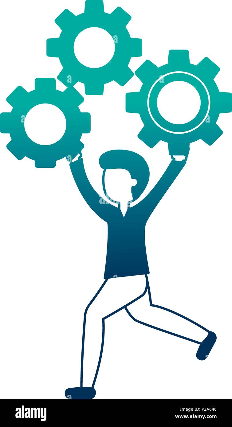 young man with hands up and gears isolated icon vector illustration ...