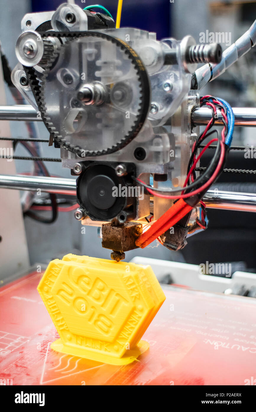 Hanover, Germany. 13th June, 2018. 3D-printer is making CEBIT 2018 object, at booth of Polish region Lower Silesia. CEBIT 2018, international computer expo and Europe's Business Festival for Innovation and Digitization: Credit: Christian Lademann / Alamy Live News Stock Photo