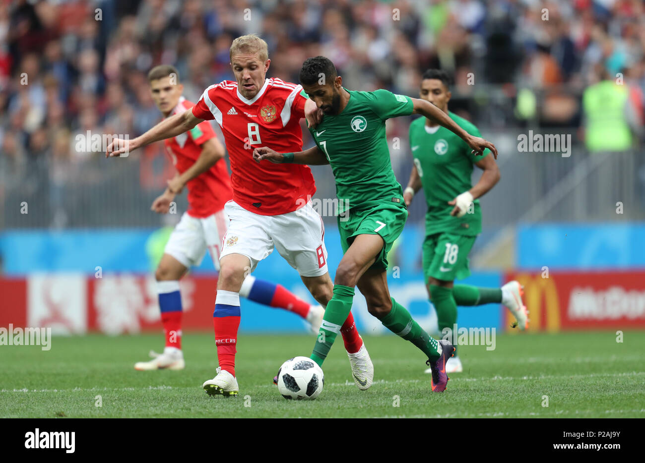 Moscow, Russia. 14th Jun, 2018. Yuri Gazinskiy & Salman Al-Faraj RUSSIA V SAUDI ARABIA RUSSIA V SAUDI ARABIA, 2018 FIFA WORLD CUP RUSSIA 14 June 2018 GBC8002 2018 FIFA World Cup Russia STRICTLY EDITORIAL USE ONLY. If The Player/Players Depicted In This Image Is/Are Playing For An English Club Or The England National Team. Then This Image May Only Be Used For Editorial Purposes. No Commercial Use. Credit: Allstar Picture Library/Alamy Live News Stock Photo