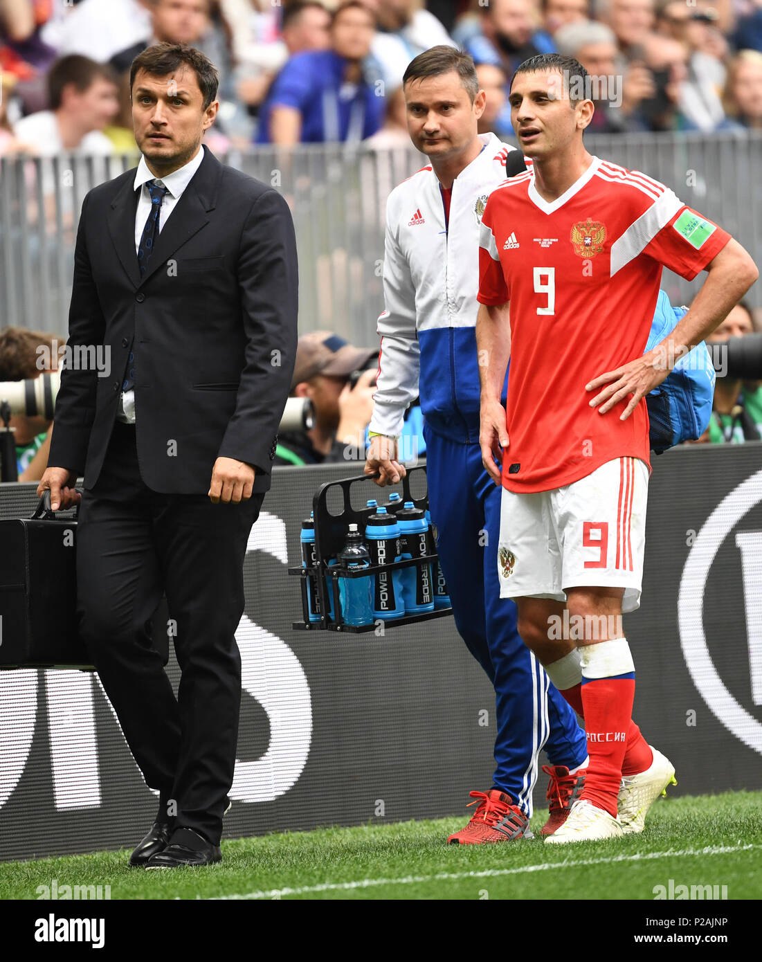 Moscow, Russia. 14th June, 2018. Moscow, Russia. 14th June, 2018. Soccer; FIFA World Cup, First Round, Group A, First Matchday, Russia vs. Saudi Arabia at the Luzhniki Stadium: Alan Dsagojew from Russia leaves the match after an injury. Photo: Federico Gambarini/dpa Credit: dpa picture alliance/Alamy Live News Credit: dpa picture alliance/Alamy Live News Stock Photo