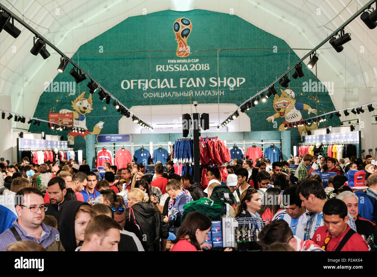 Moscow, Russia. 13th Jun 2018. First match of FIFA 2018 World Football championship. Official Fan Shop Credit: Marco Ciccolella/Alamy Live News Stock Photo