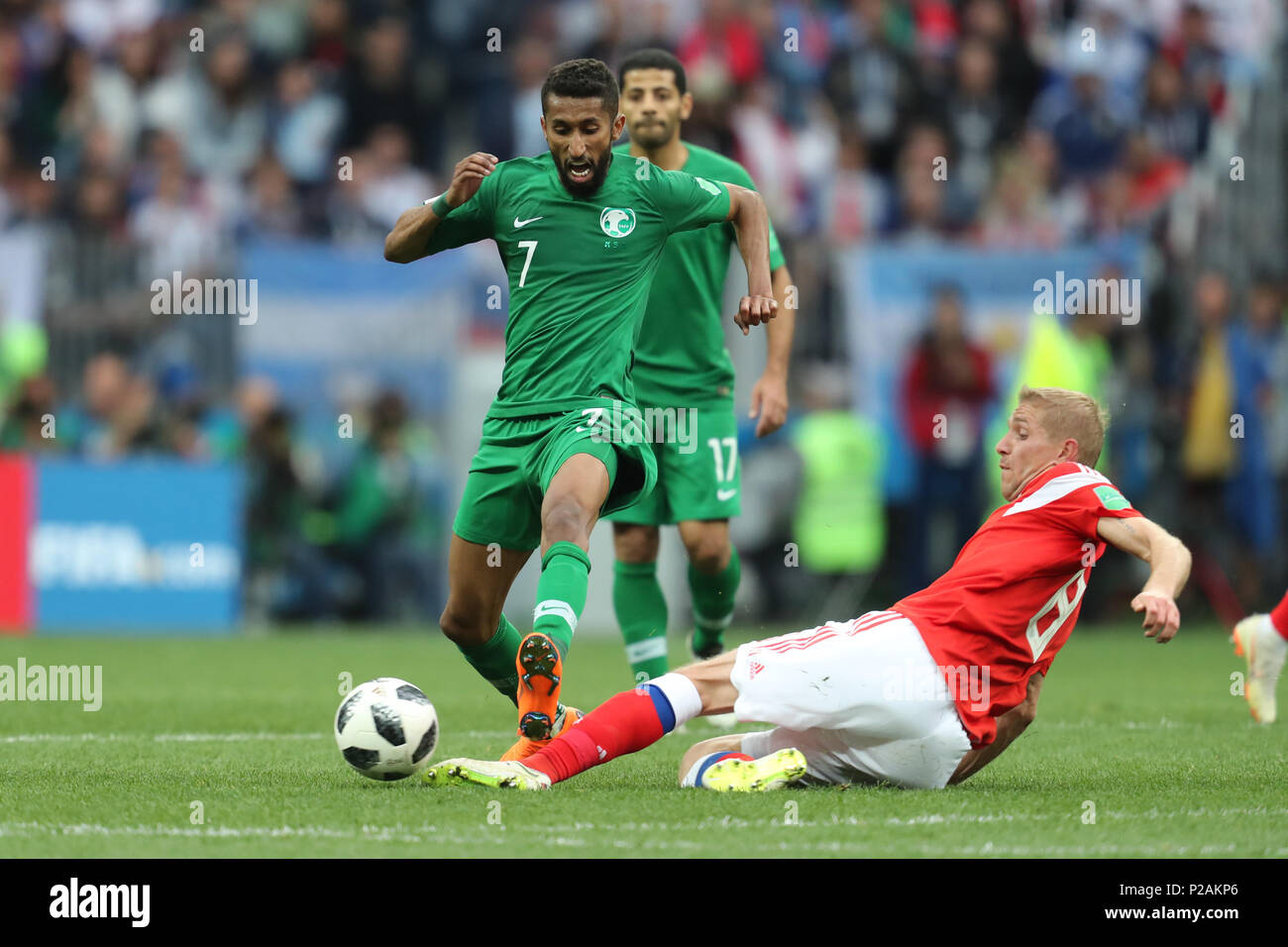Moscow, Russia. 14th Jun, 2018. Salman Al-Faraj & Yuri Gazinskiy RUSSIA V SAUDI ARABIA RUSSIA V SAUDI ARABIA, 2018 FIFA WORLD CUP RUSSIA 14 June 2018 GBC8020 2018 FIFA World Cup Russia STRICTLY EDITORIAL USE ONLY. If The Player/Players Depicted In This Image Is/Are Playing For An English Club Or The England National Team. Then This Image May Only Be Used For Editorial Purposes. No Commercial Use. Credit: Allstar Picture Library/Alamy Live News Stock Photo