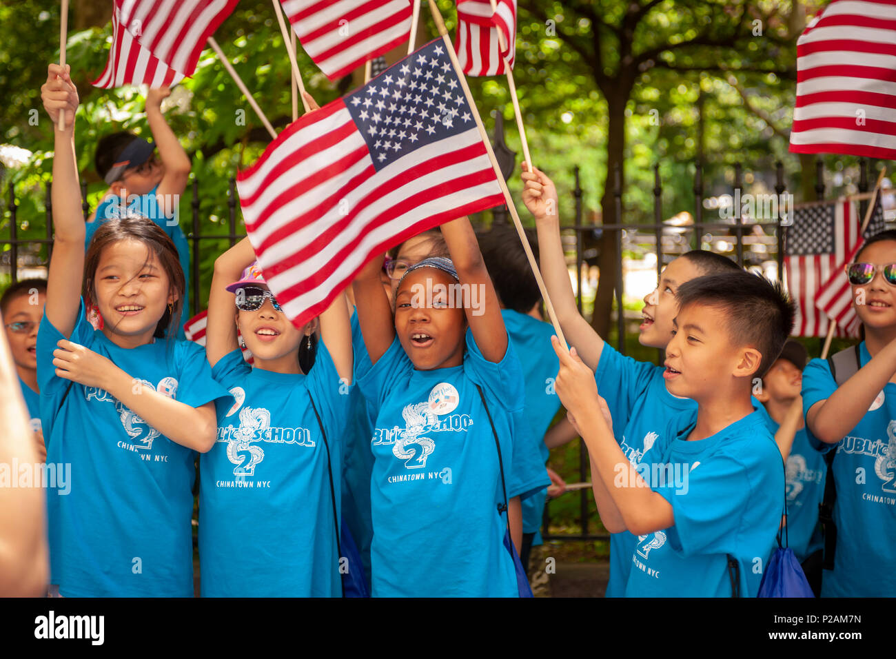 New York, USA. 14th Jun, 2018. Students from PS 2 march in the annual Flag Day Parade in New York on Thursday, June 14, 2018, starting at New York City Hall Park.  Flag Day was created by proclamation by President Woodrow Wilson on June 14, 1916 as a holiday honoring America's flag but it was not until 1949 when it became National Flag Day.  The holiday honors the 1777 Flag Resolution where the stars and stripes were officially adopted as the flag of the United States. (© Richard B. Levine) Credit: Richard Levine/Alamy Live News Stock Photo