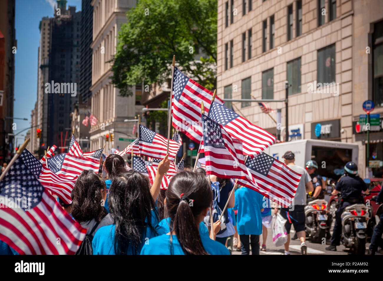 New York, USA. 14th Jun, 2018. Students from PS 2 march in the annual Flag Day Parade in New York on Thursday, June 14, 2018, starting at New York City Hall Park.  Flag Day was created by proclamation by President Woodrow Wilson on June 14, 1916 as a holiday honoring America's flag but it was not until 1949 when it became National Flag Day.  The holiday honors the 1777 Flag Resolution where the stars and stripes were officially adopted as the flag of the United States. (© Richard B. Levine) Credit: Richard Levine/Alamy Live News Stock Photo