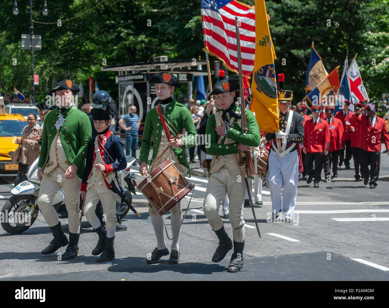 New York, USA. 14th Jun, 2018. Marchers in the annual Flag Day Parade in New York on Thursday, June 14, 2018, starting at New York City Hall Park.  Flag Day was created by proclamation by President Woodrow Wilson on June 14, 1916 as a holiday honoring America's flag but it was not until 1949 when it became National Flag Day.  The holiday honors the 1777 Flag Resolution where the stars and stripes were officially adopted as the flag of the United States. (© Richard B. Levine) Credit: Richard Levine/Alamy Live News Stock Photo