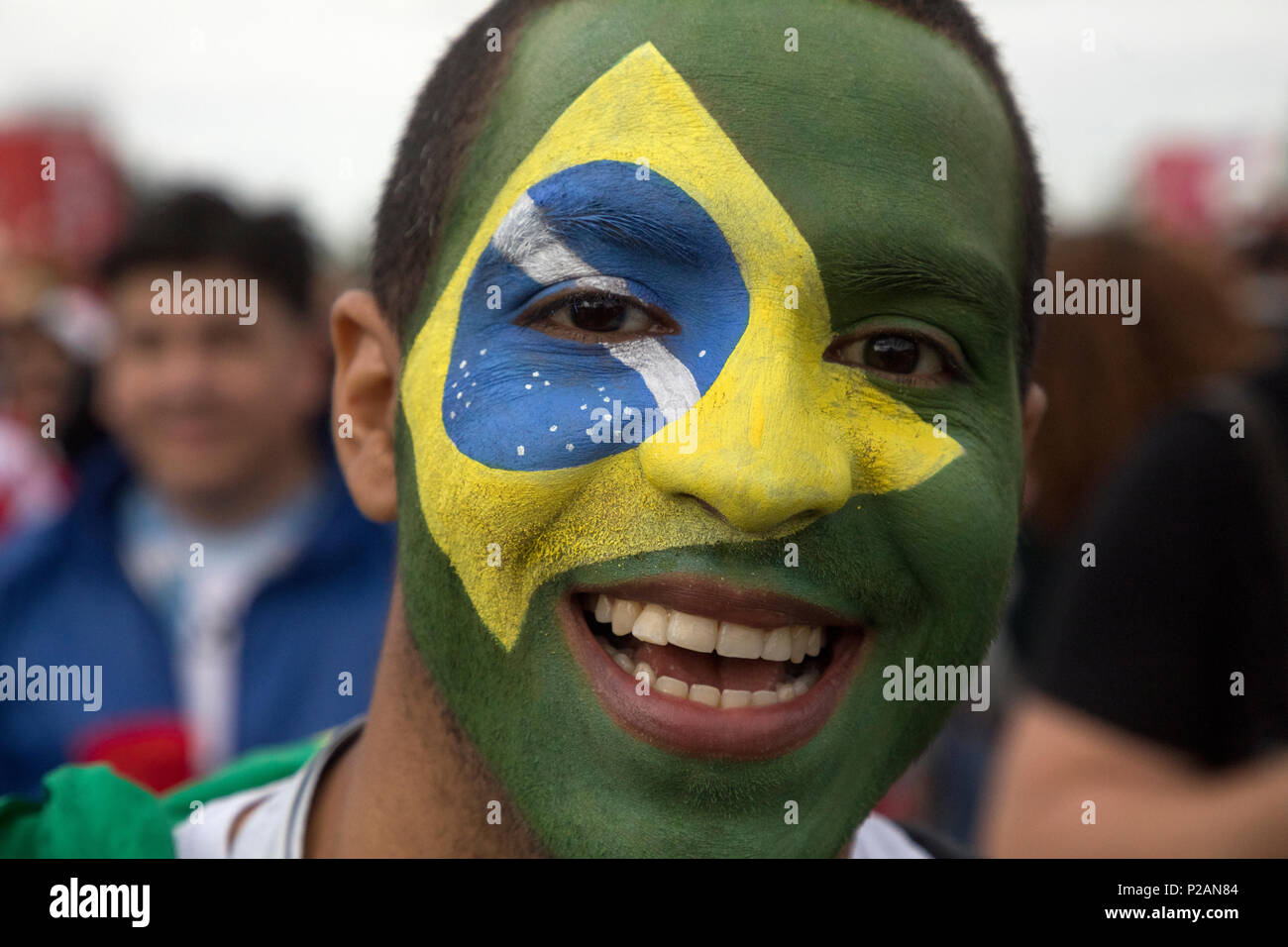 Moscow, Russia. 14th June, 2018. Brazilian fans on central Moscow streets during the day of opening 2018 FIFA World Cup in Russia Credit: Nikolay Vinokurov/Alamy Live News Stock Photo