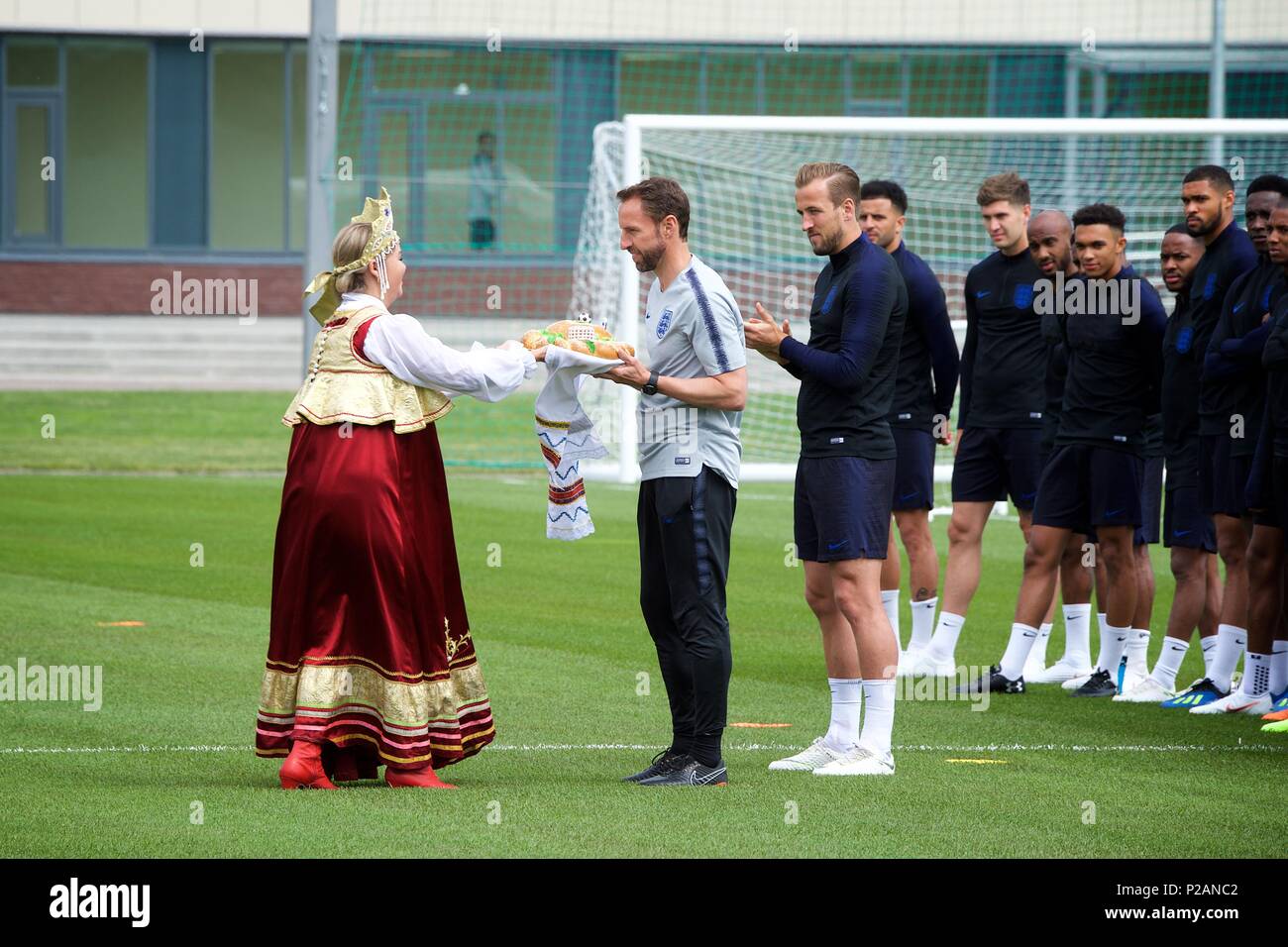 Gareth Southgate and Harry Kane of England a presented with gifts during a training session at Spartak Zelenogorsk. 13.062018 Credit: Shoja Lak/Alamy Live News Stock Photo