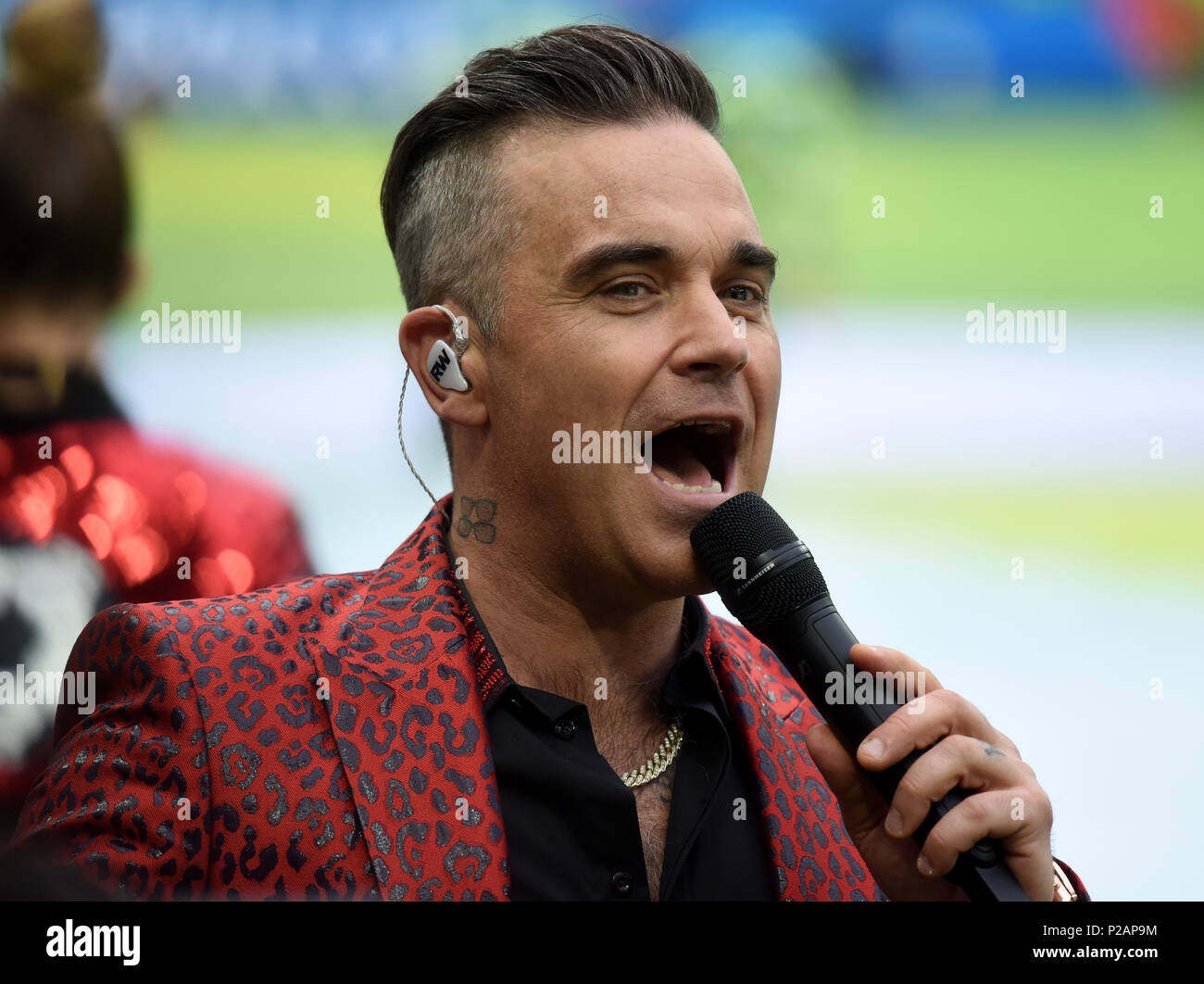 Moscow, Russia - June 14, 2018. British singer Robbie Williams performing at the opening ceremony of FIFA World Cup 2018 in Russia. Credit: Alizada Studios/Alamy Live News Stock Photo
