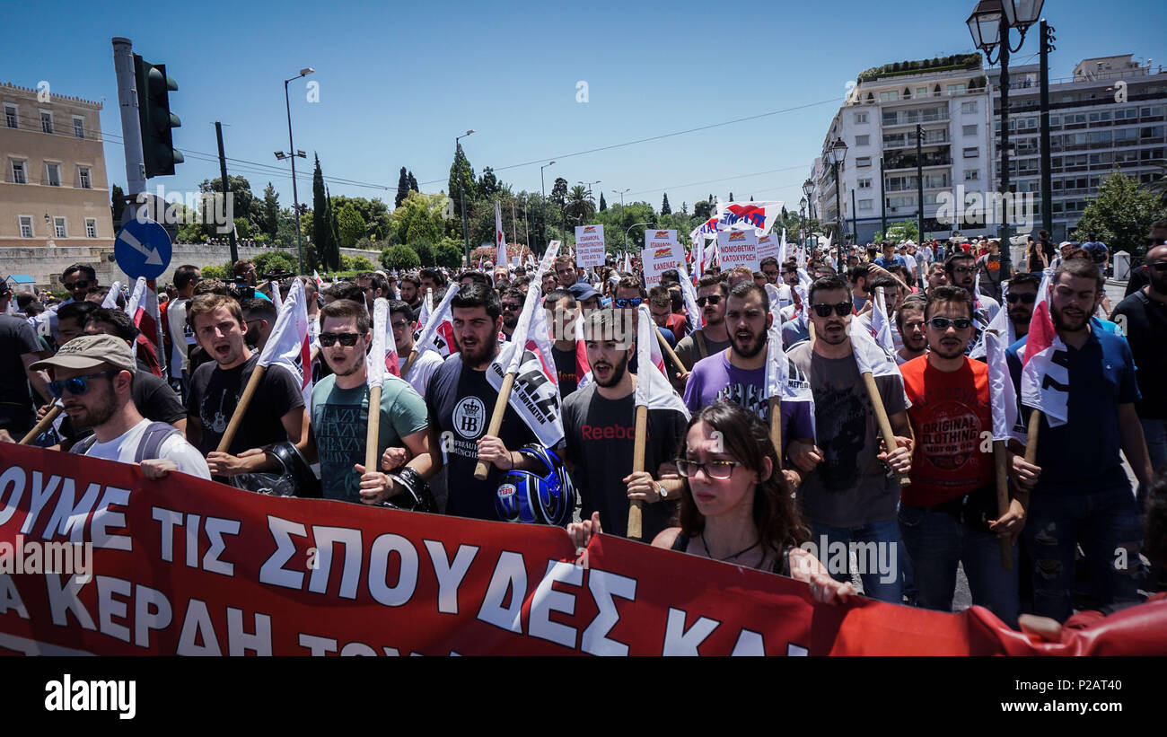 Athens Greece 14th June 2018 People Protesting With Flags And