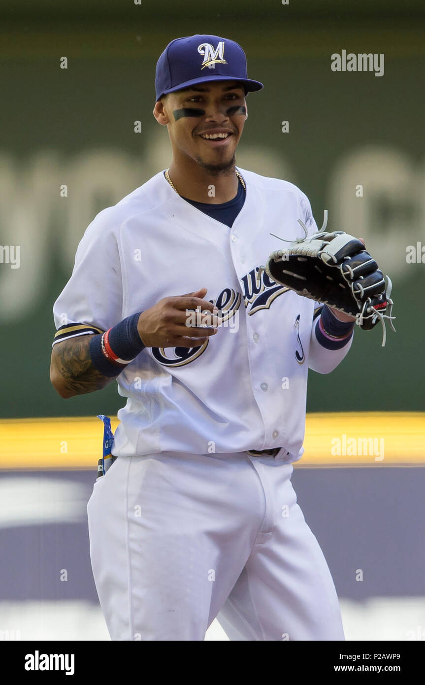 Milwaukee, WI, USA. 13th June, 2018. Milwaukee Brewers shortstop Orlando  Arcia #3 during the Major League Baseball game between the Milwaukee Brewers  and the Chicago Cubs at Miller Park in Milwaukee, WI.